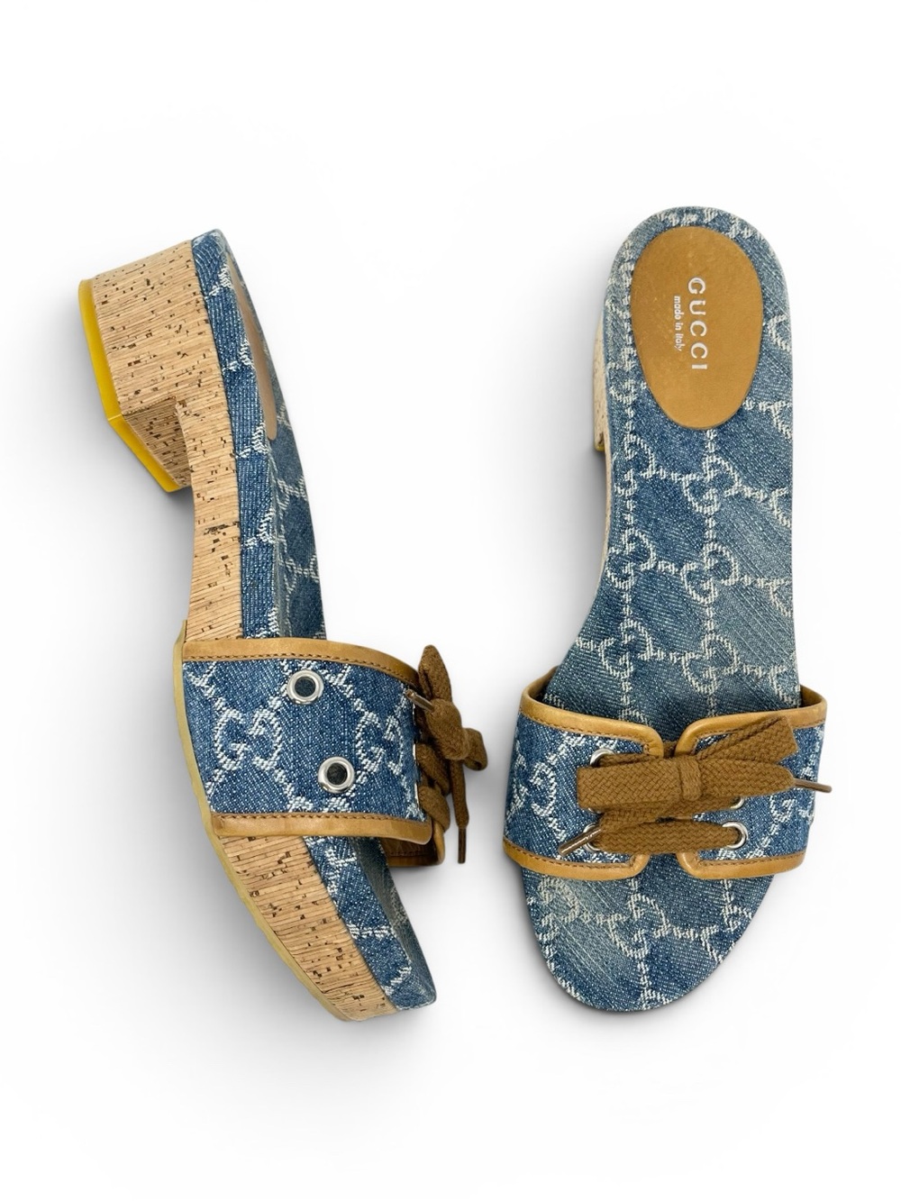 Gucci Vintage 90s Y2K Interlocking GG Logo Sandals Slides Heels Denim Blue 38 8 - Picture 1 of 12